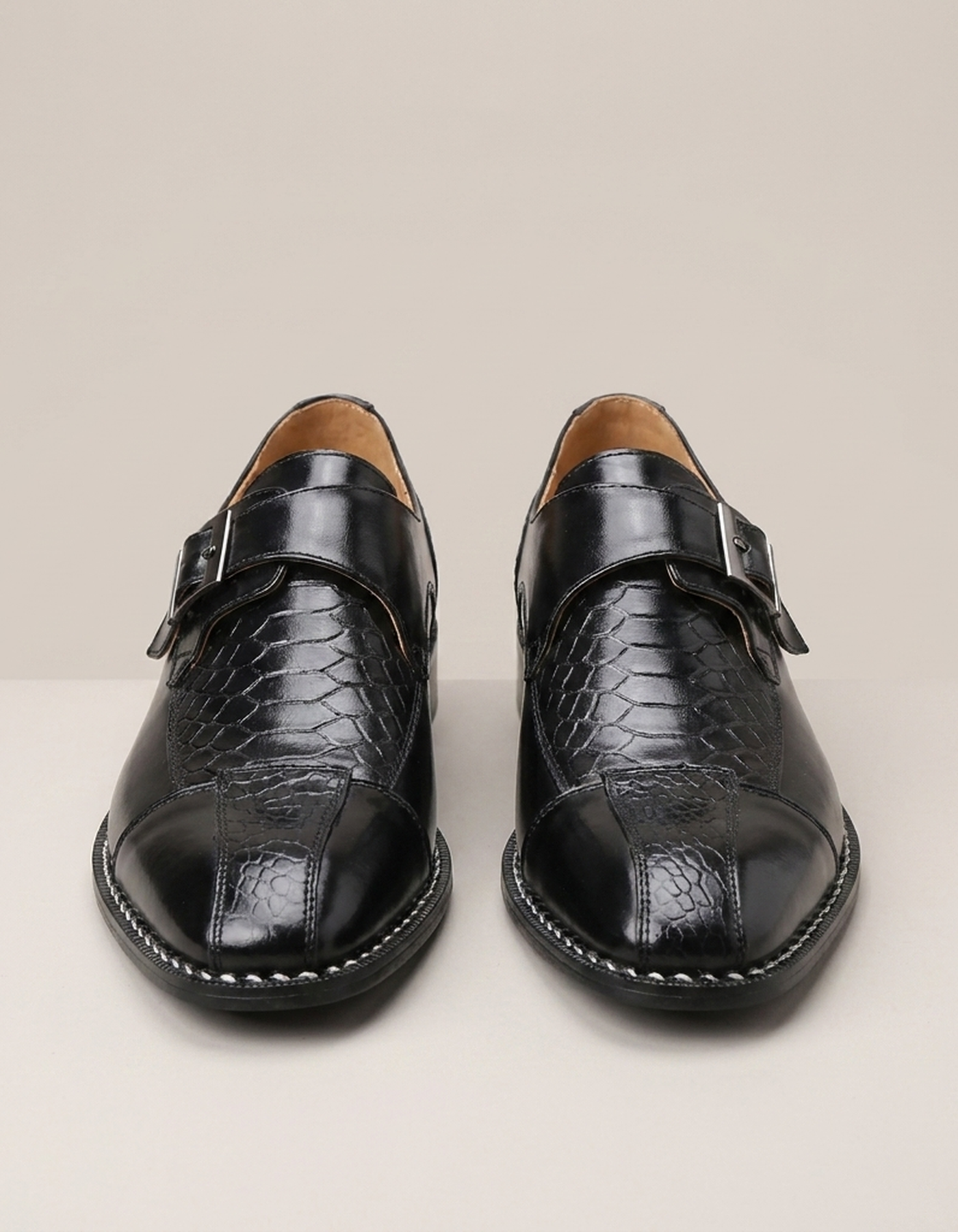 PLUXSTYLE::numise::mens-croc-embossed-monk-strap-dress-shoes::pack-black