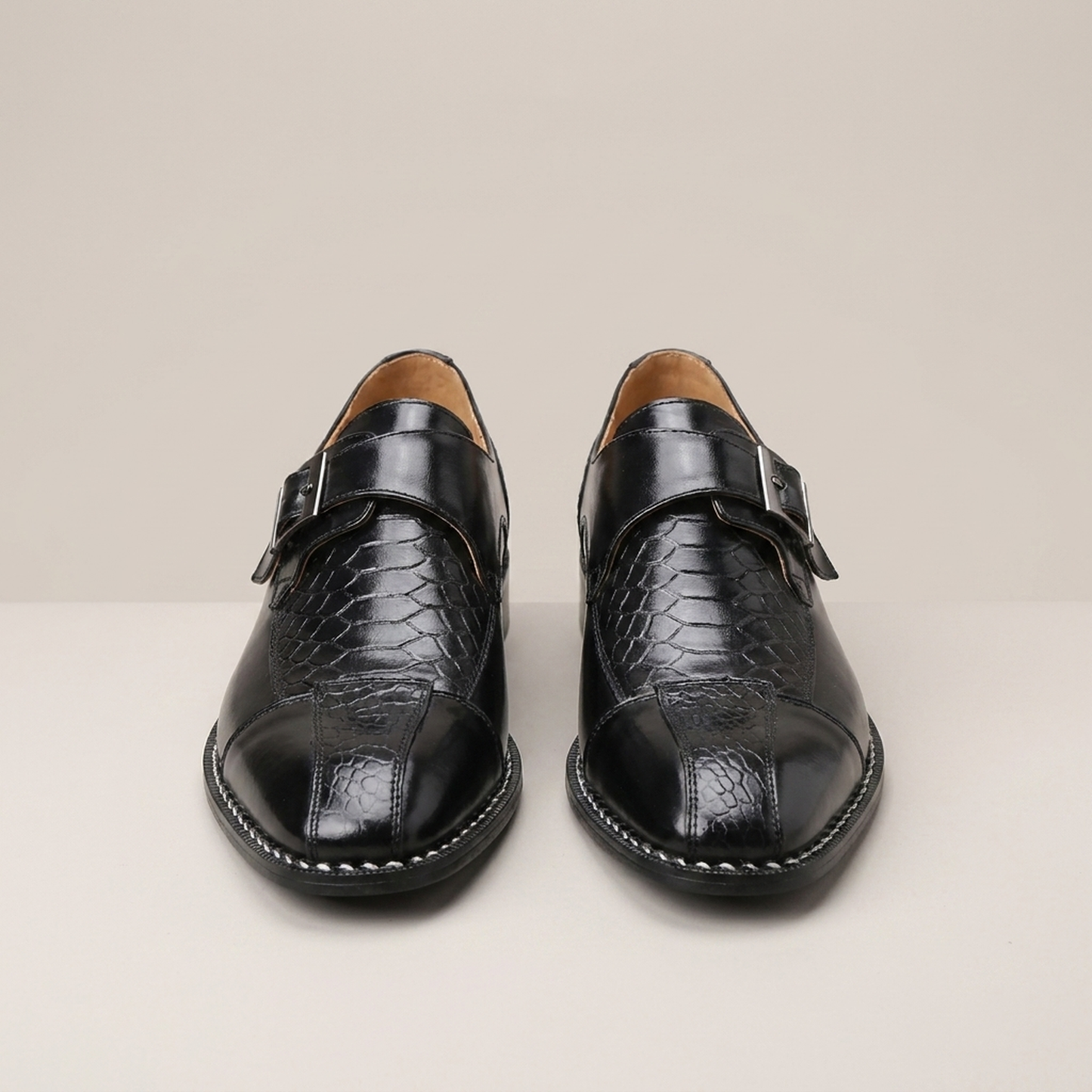 PLUXSTYLE::numise::mens-croc-embossed-monk-strap-dress-shoes::pack-black