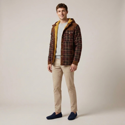 PLUXSTYLE::numise::mens-plaid-hooded-parka::front