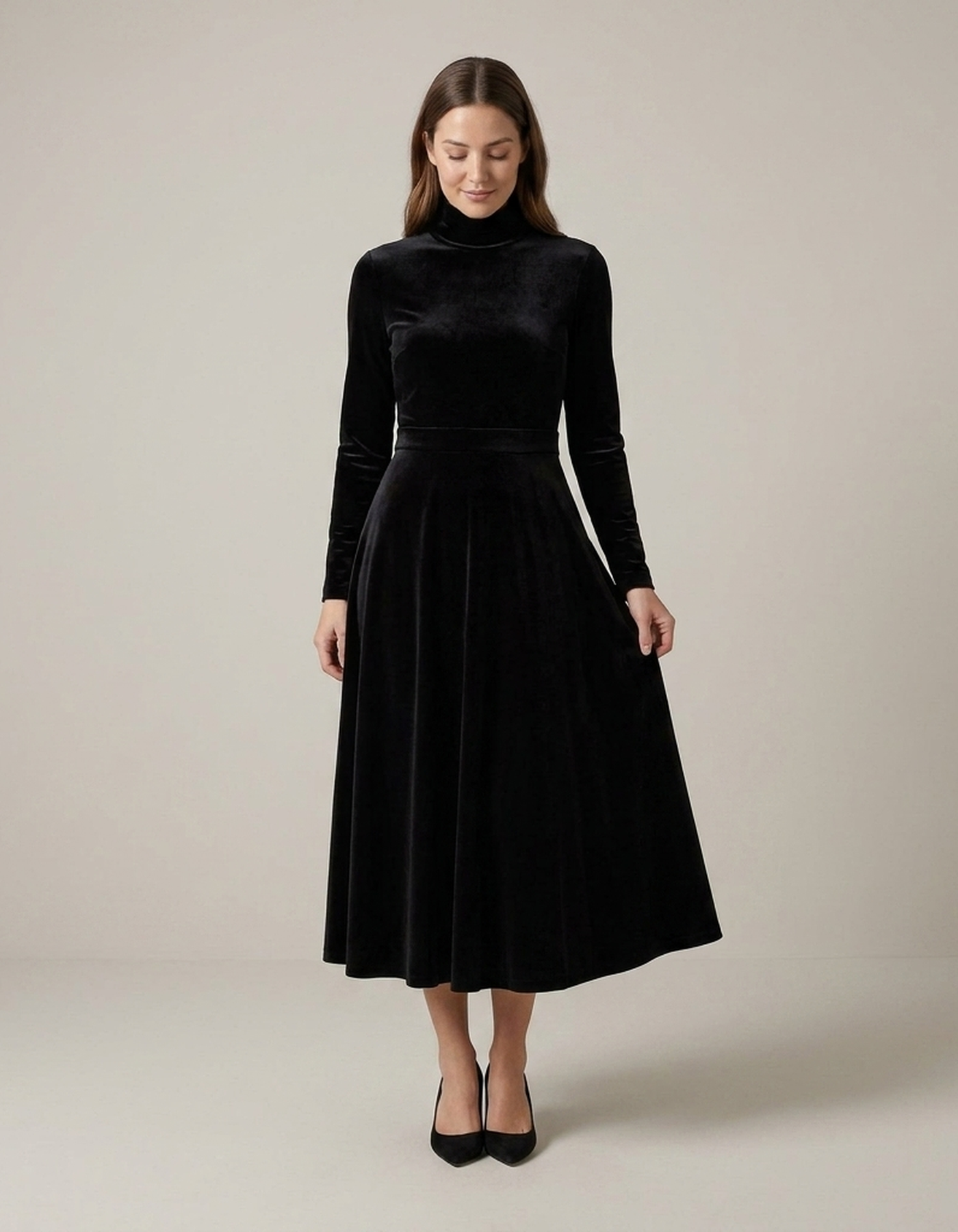 PLUXSTYLE::numise::ava-black-long-sleeve-midi-dress::front