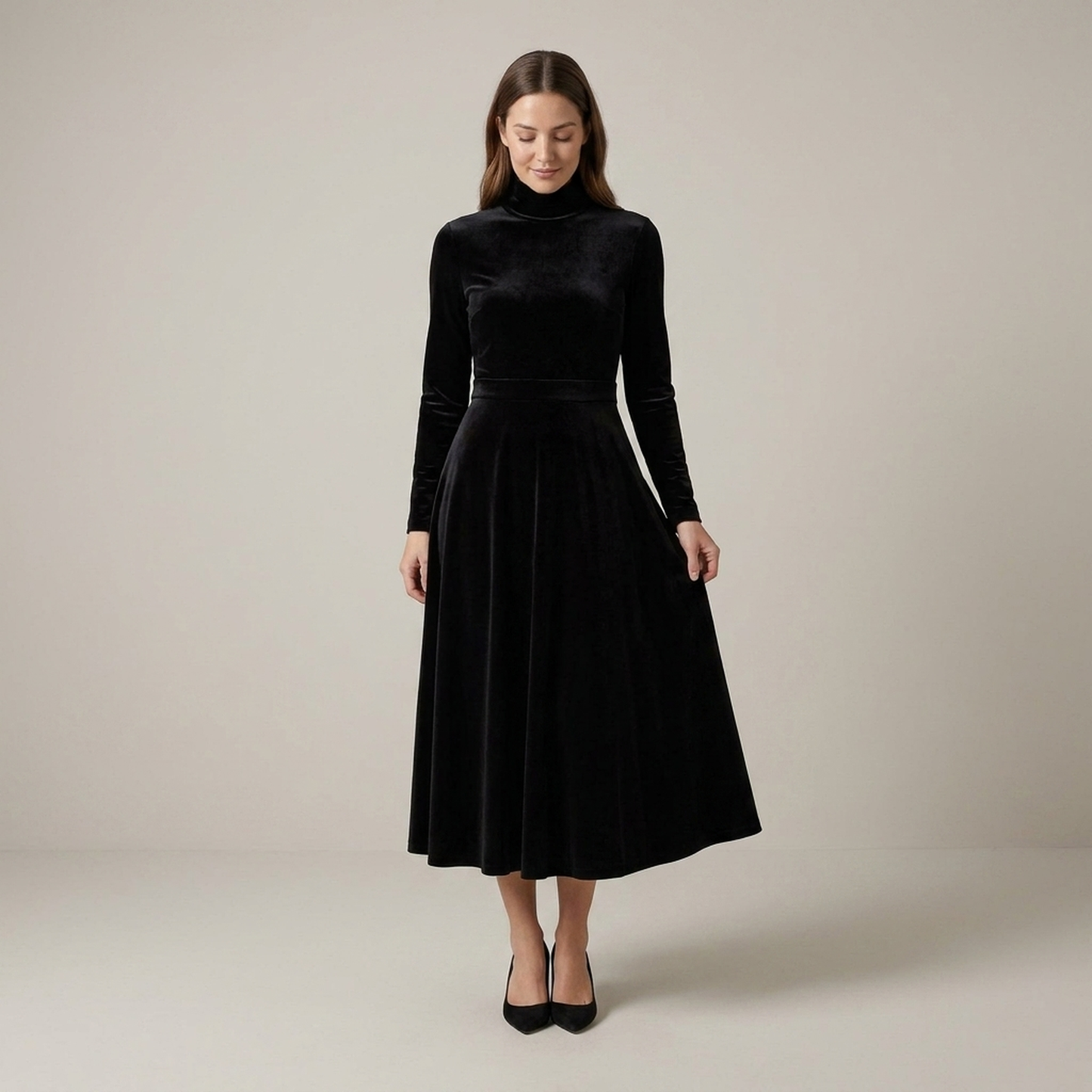 PLUXSTYLE::numise::ava-black-long-sleeve-midi-dress::front