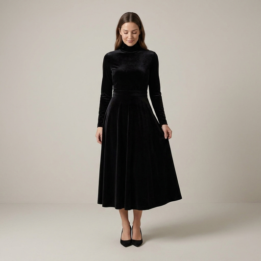 PLUXSTYLE::numise::ava-black-long-sleeve-midi-dress::front