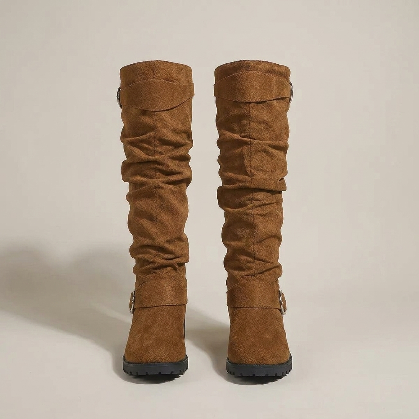 PLUXSTYLE::numise::slouchy-buckle-knee-high-boots::pack-light-brown