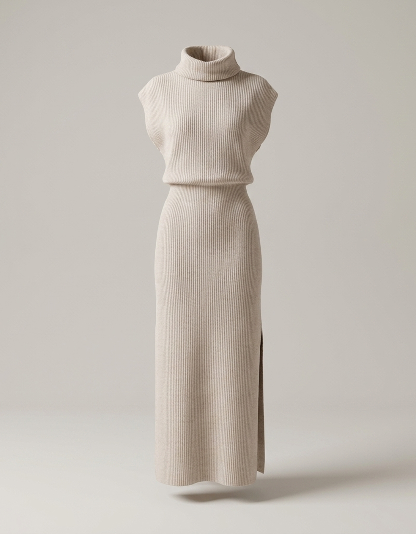 PLUXSTYLE::numise::sleeveless-draped-neck-midi-dress::pack-beige