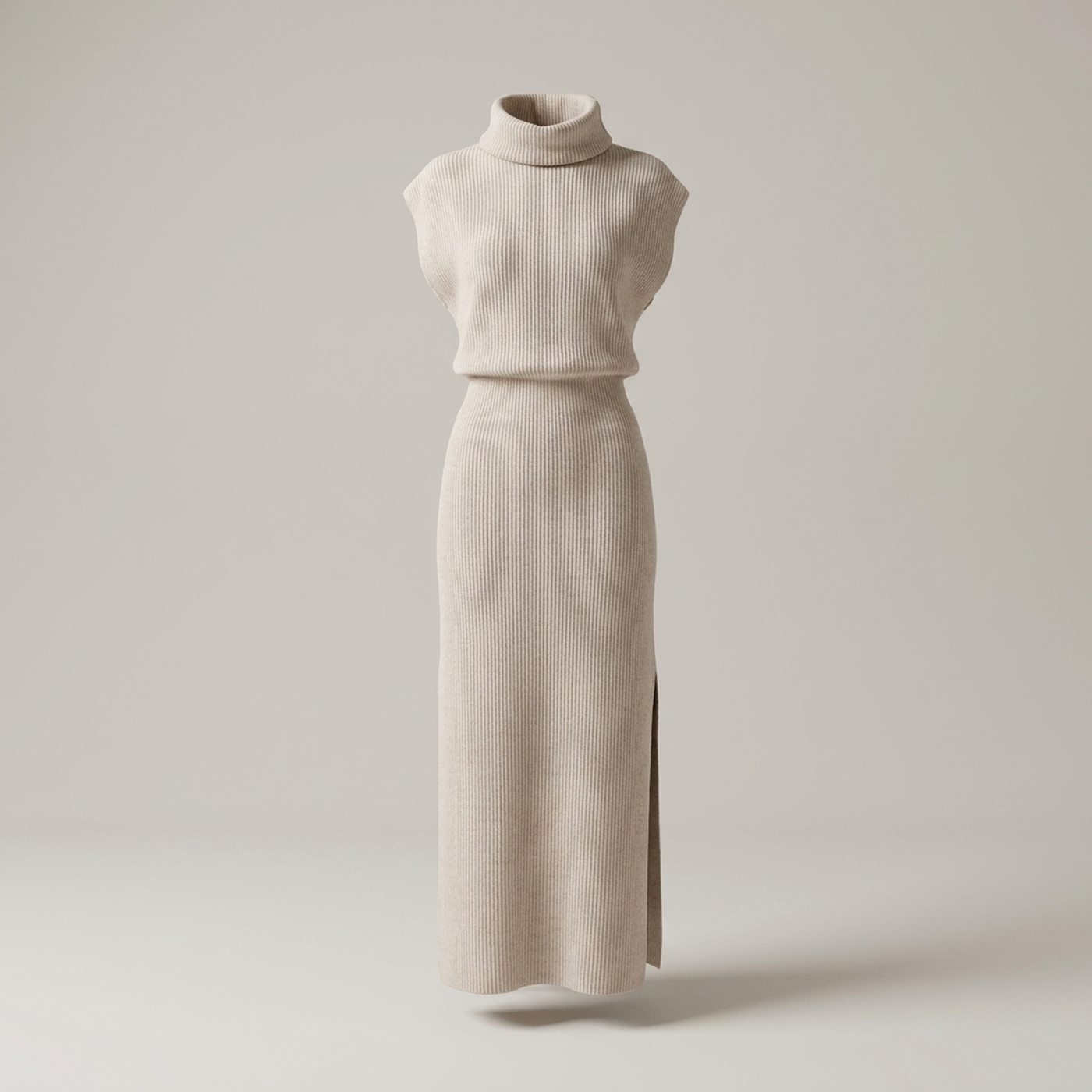 PLUXSTYLE::numise::sleeveless-draped-neck-midi-dress::pack-beige