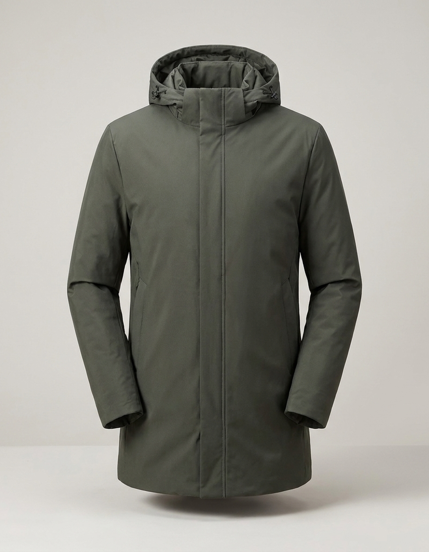 PLUXSTYLE::numise::mens-longline-hooded-parka::pack-dark-green
