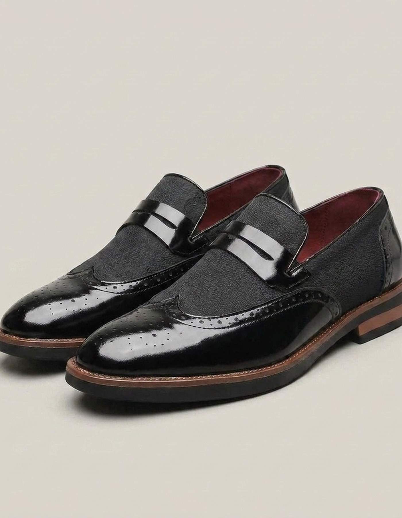 PLUXSTYLE::numise::mens-wingtip-strap-loafers::closeup-detail