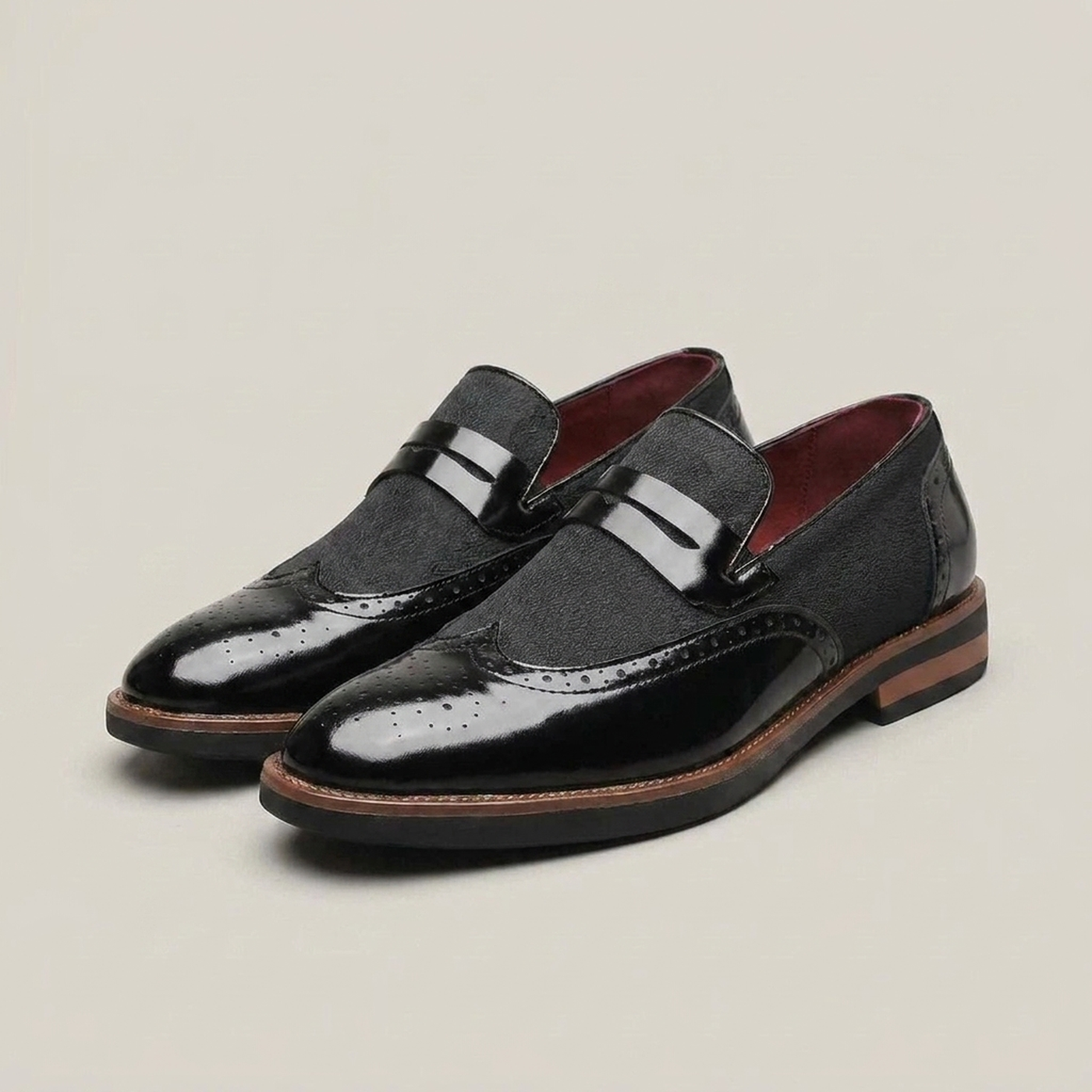 PLUXSTYLE::numise::mens-wingtip-strap-loafers::closeup-detail