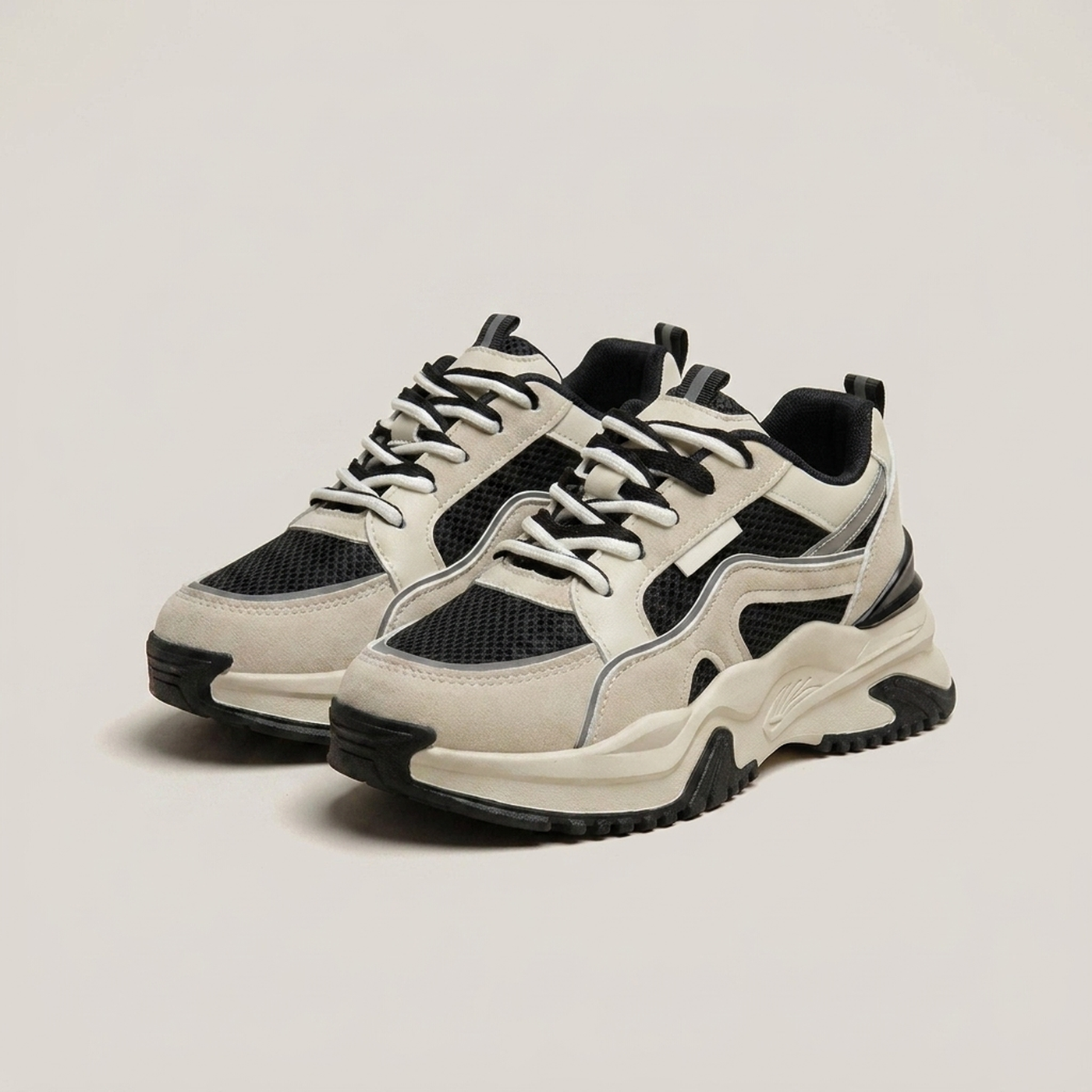 PLUXSTYLE::numise::paneled-chunky-platform-sneakers::closeup-detail