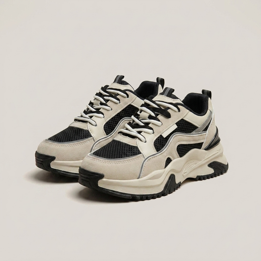PLUXSTYLE::numise::paneled-chunky-platform-sneakers::closeup-detail