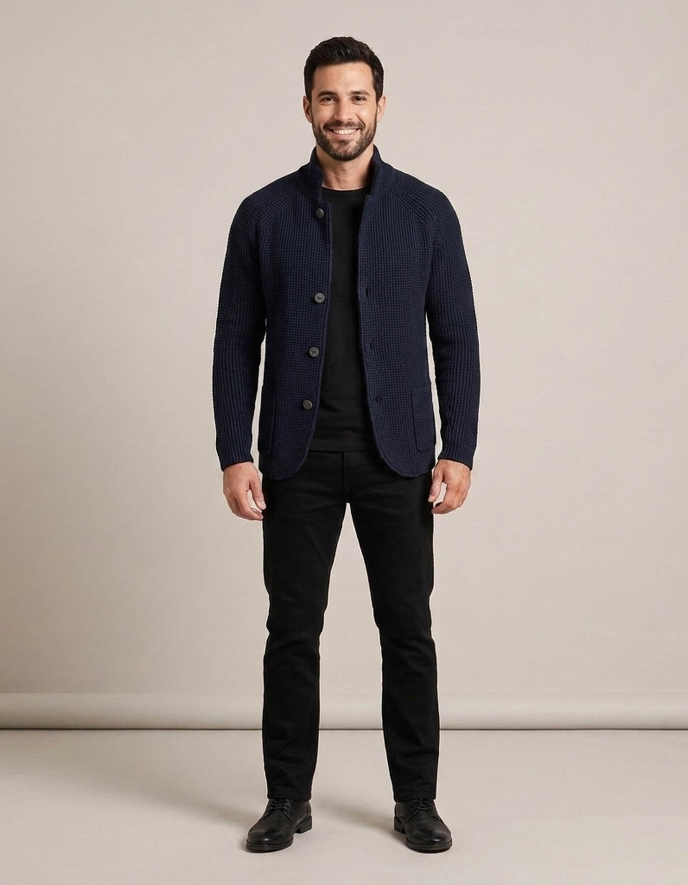 PLUXSTYLE::numise::stand-collar-button-cardigan::front