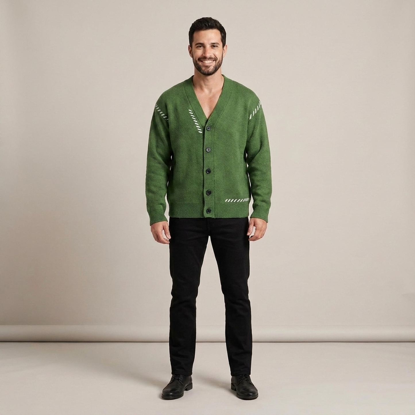 PLUXSTYLE::numise::mens-contrast-stitch-v-neck-cardigan::front
