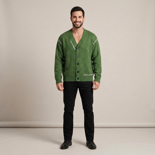 PLUXSTYLE::numise::mens-contrast-stitch-v-neck-cardigan::front