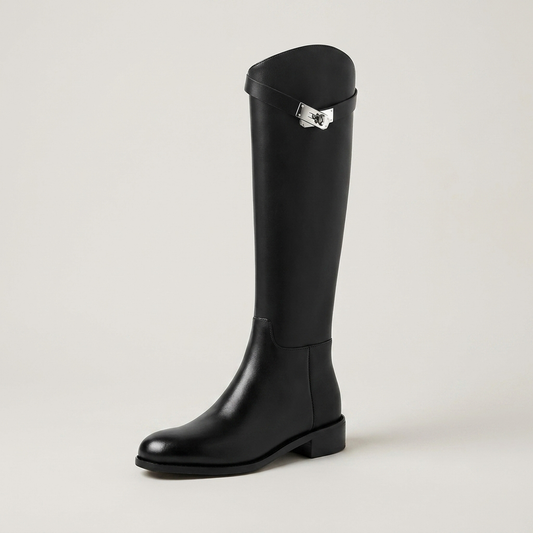 PLUXSTYLE::numise::aveline-metal-accent-riding-boots::closeup-hero