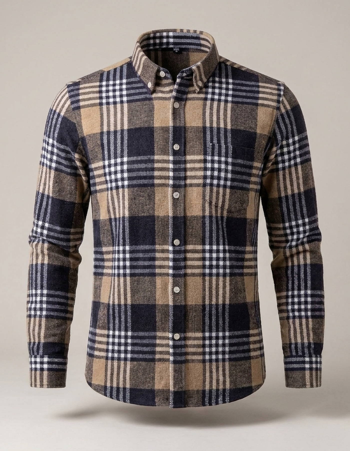 PLUXSTYLE::numise::mens-button-down-plaid-top::pack-beige-and-black