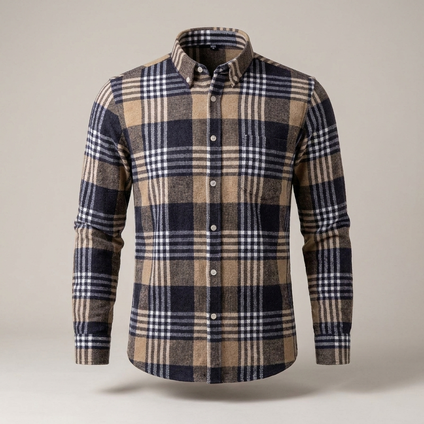 PLUXSTYLE::numise::mens-button-down-plaid-top::pack-beige-and-black