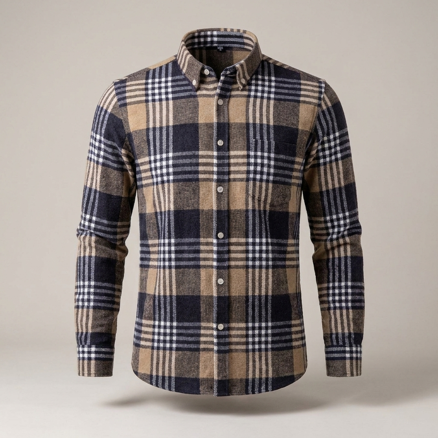 PLUXSTYLE::numise::mens-button-down-plaid-top::pack-beige-and-black