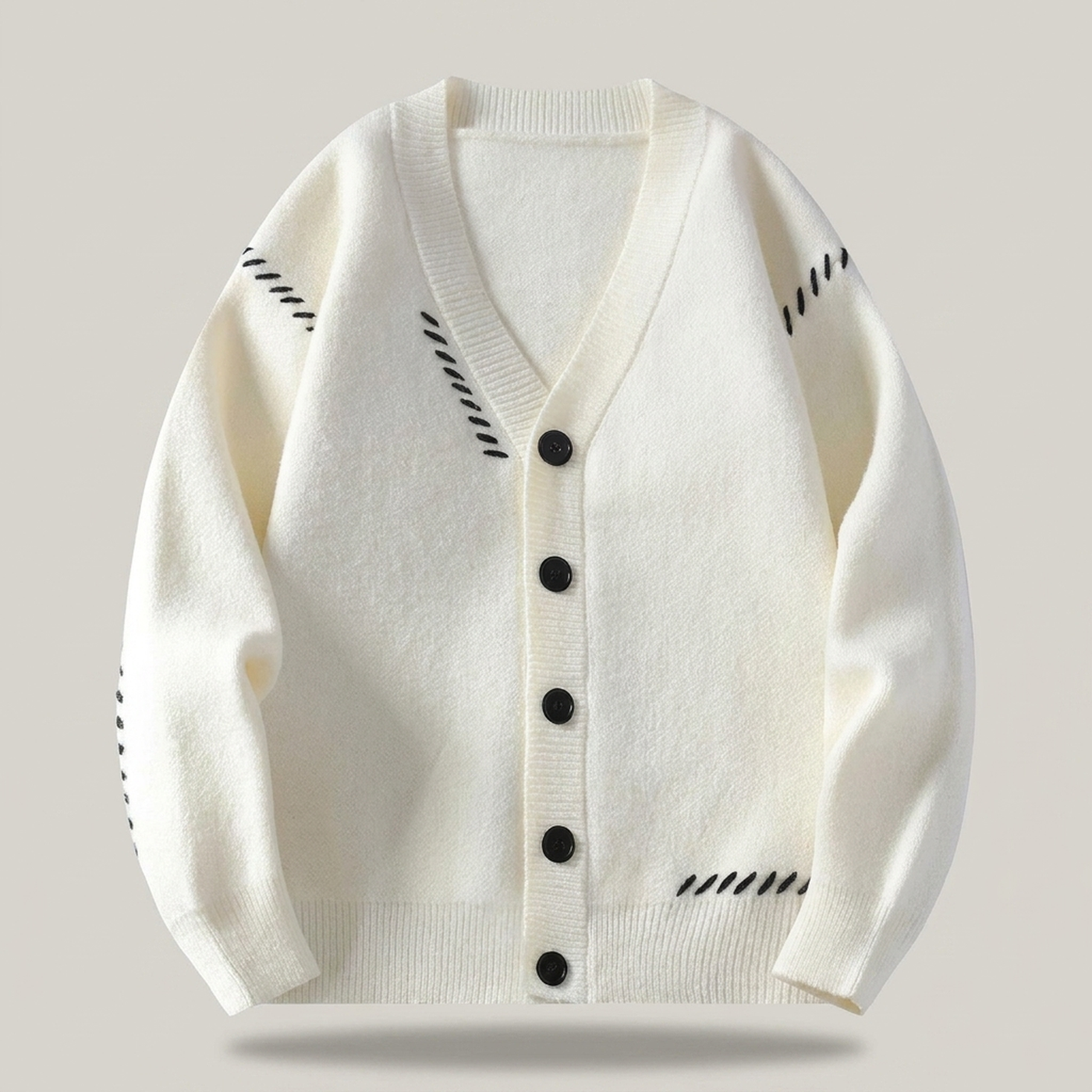 PLUXSTYLE::numise::mens-contrast-stitch-v-neck-cardigan::pack-white