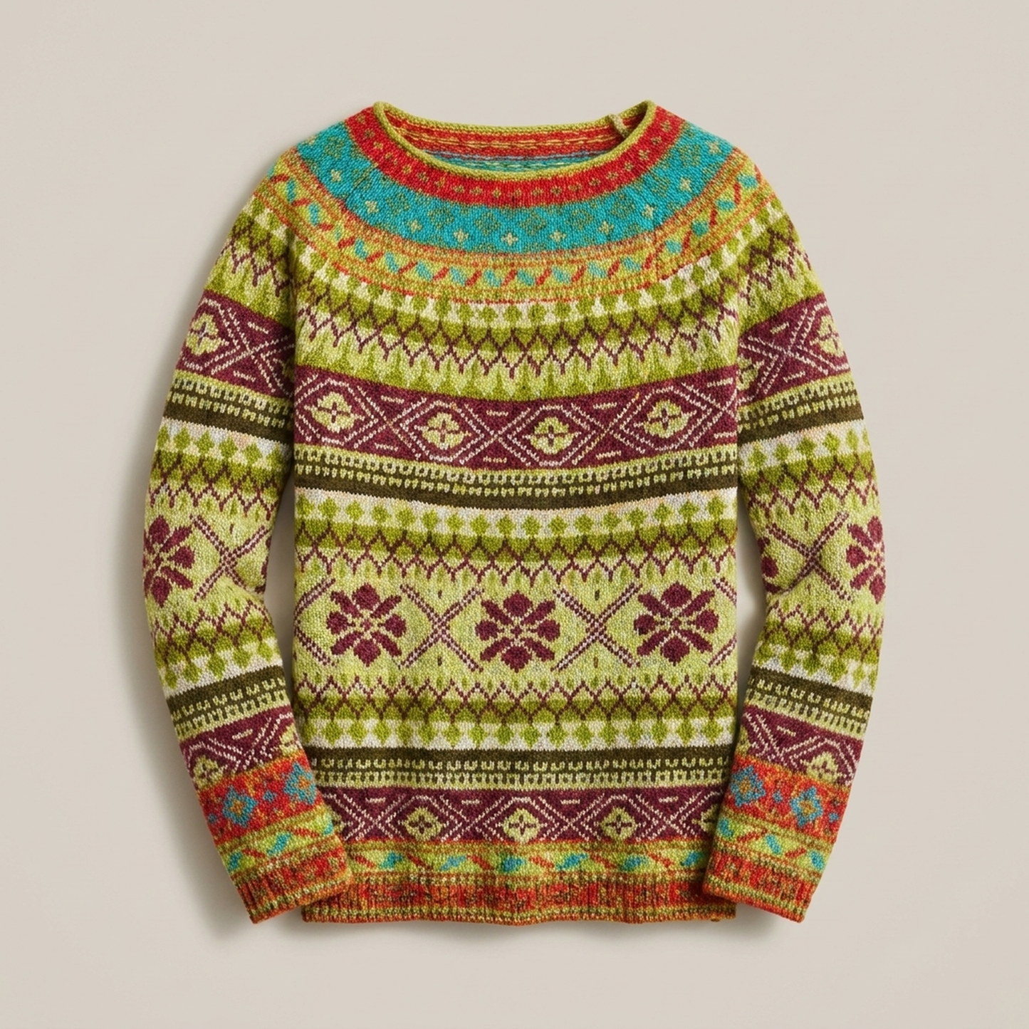 PLUXSTYLE::numise::fair-isle-crewneck-sweater::pack-yellow-green