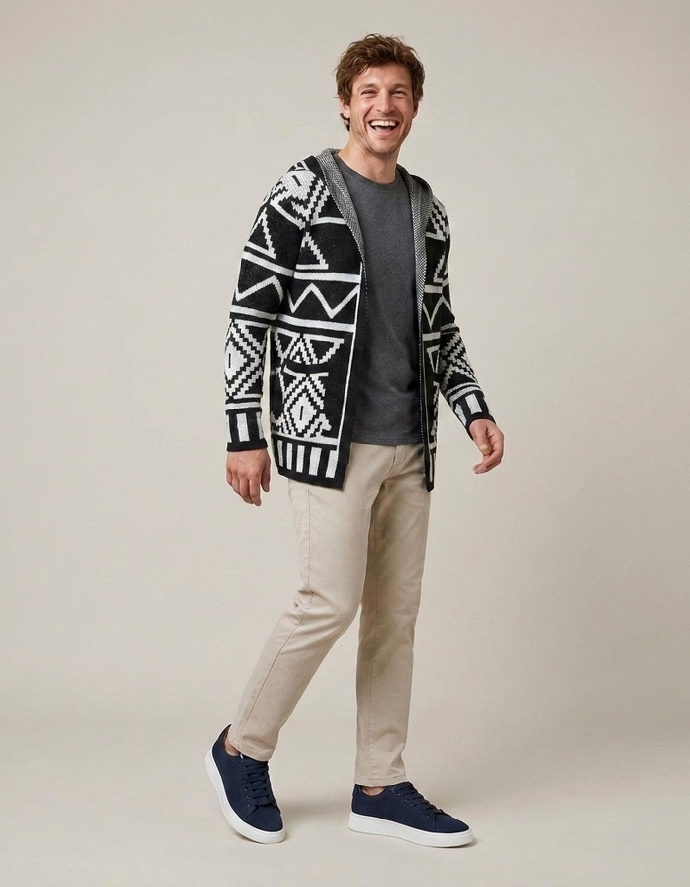 PLUXSTYLE::numise::adam-geometric-hooded-cardigan::front