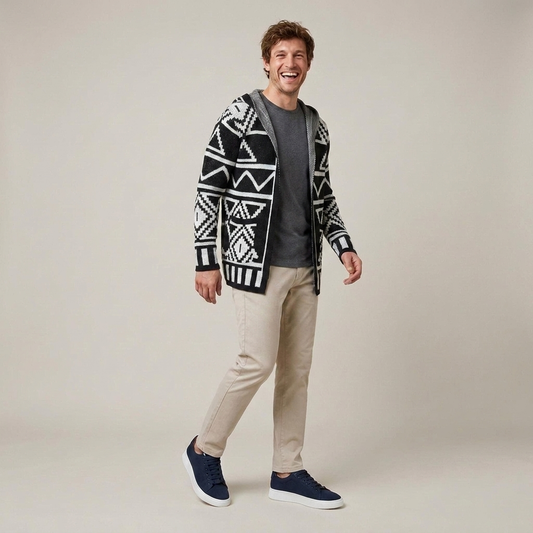 PLUXSTYLE::numise::adam-geometric-hooded-cardigan::front