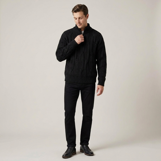 PLUXSTYLE::numise::chunky-cable-half-zip-sweater::front