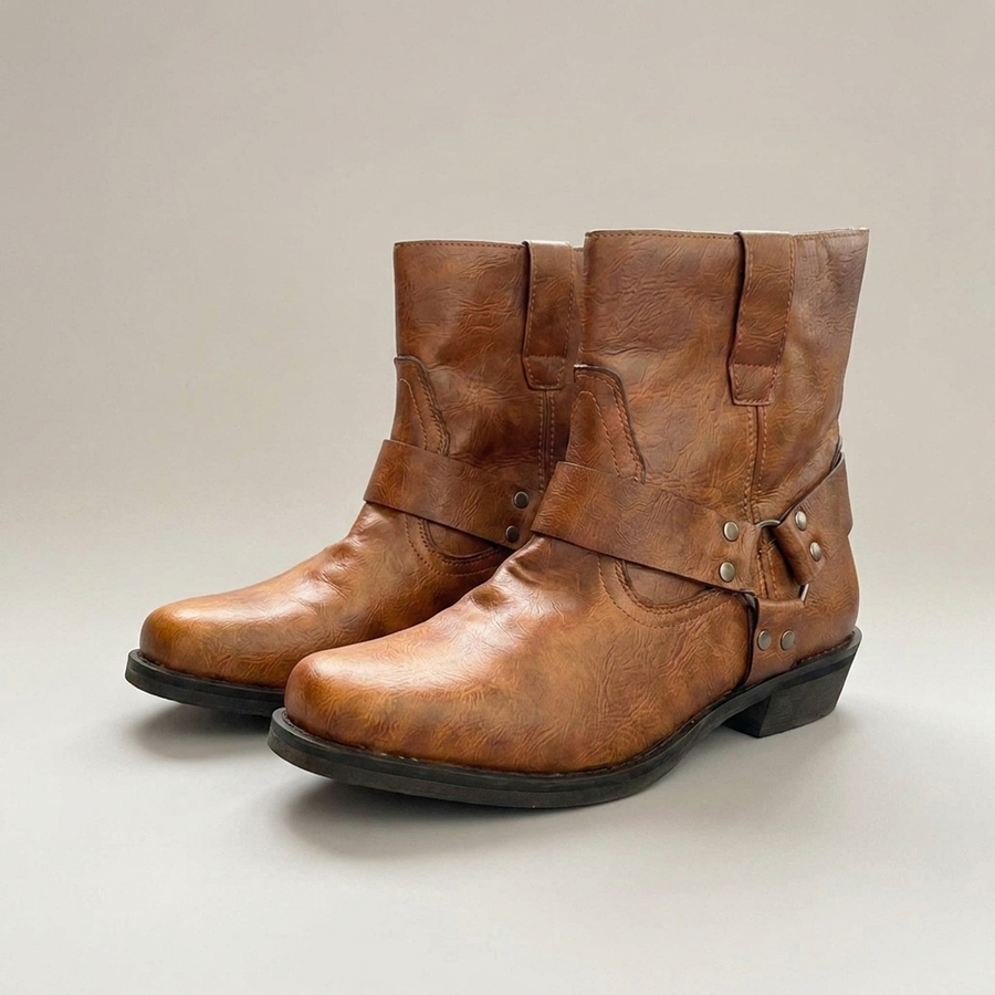 PLUXSTYLE::numise::mens-harness-strap-ankle-boots::closeup-detail