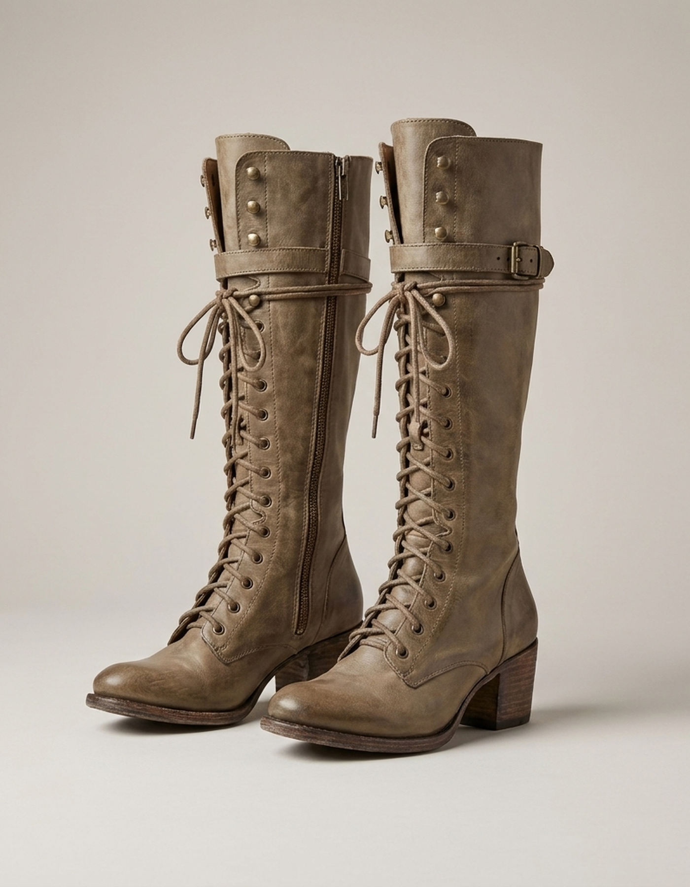 PLUXSTYLE::numise::womens-lace-up-knee-high-boots::pack-khaki