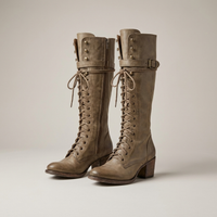 PLUXSTYLE::numise::womens-lace-up-knee-high-boots::pack-khaki