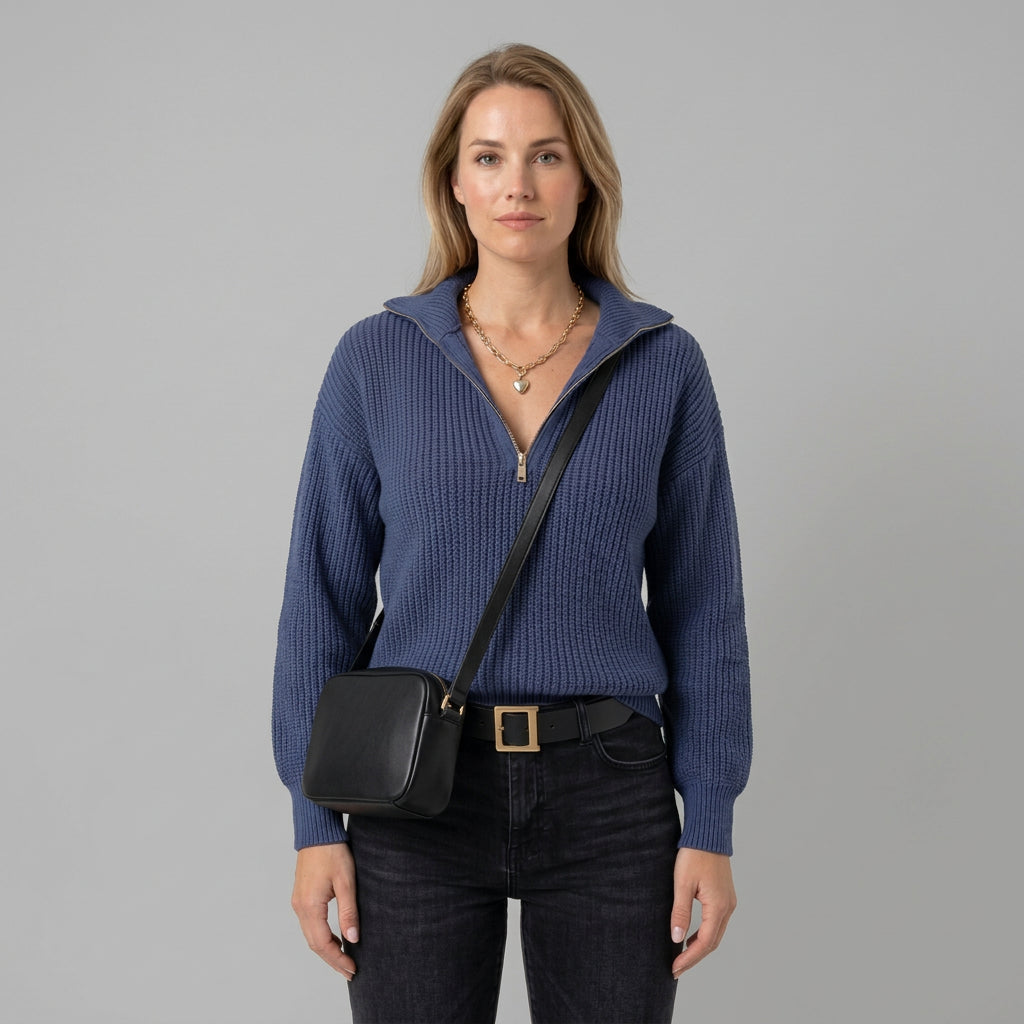 Avery | Winterpullover für Damen mit halbem Reißverschluss, Kragen und Strickmuster