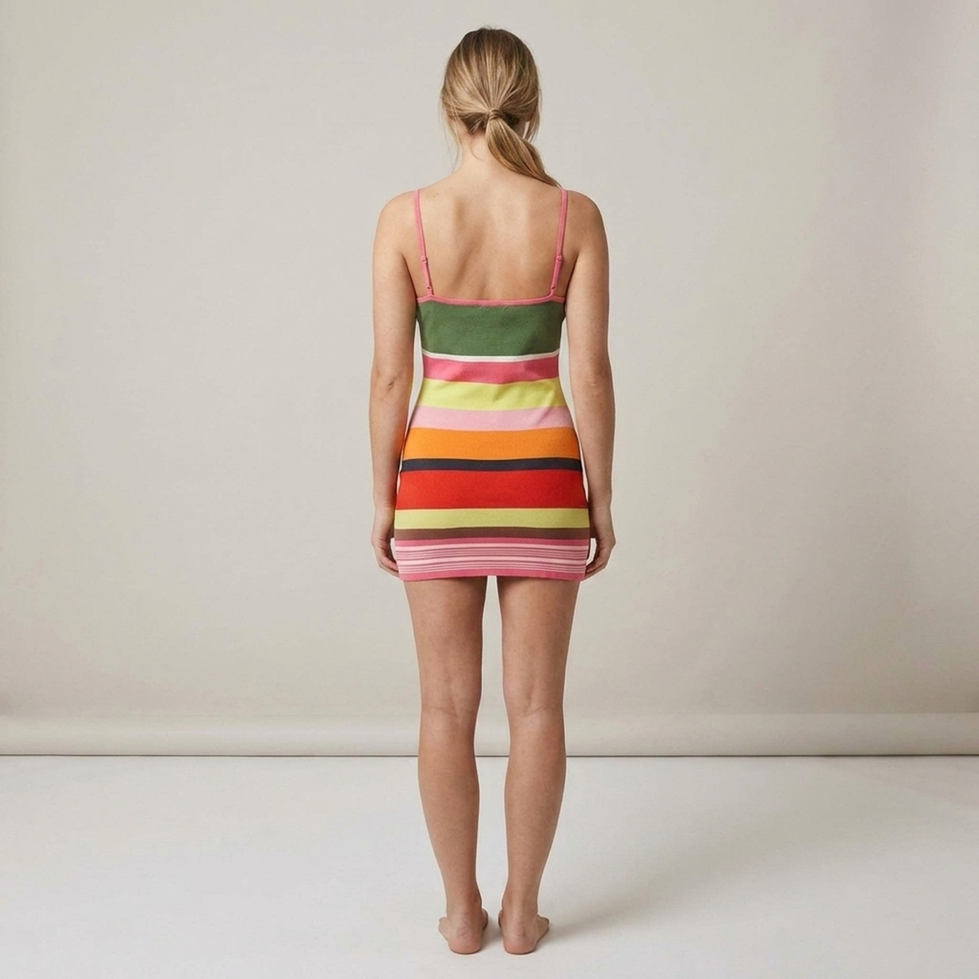 PLUXSTYLE::numise::striped-v-neck-mini-dress::back