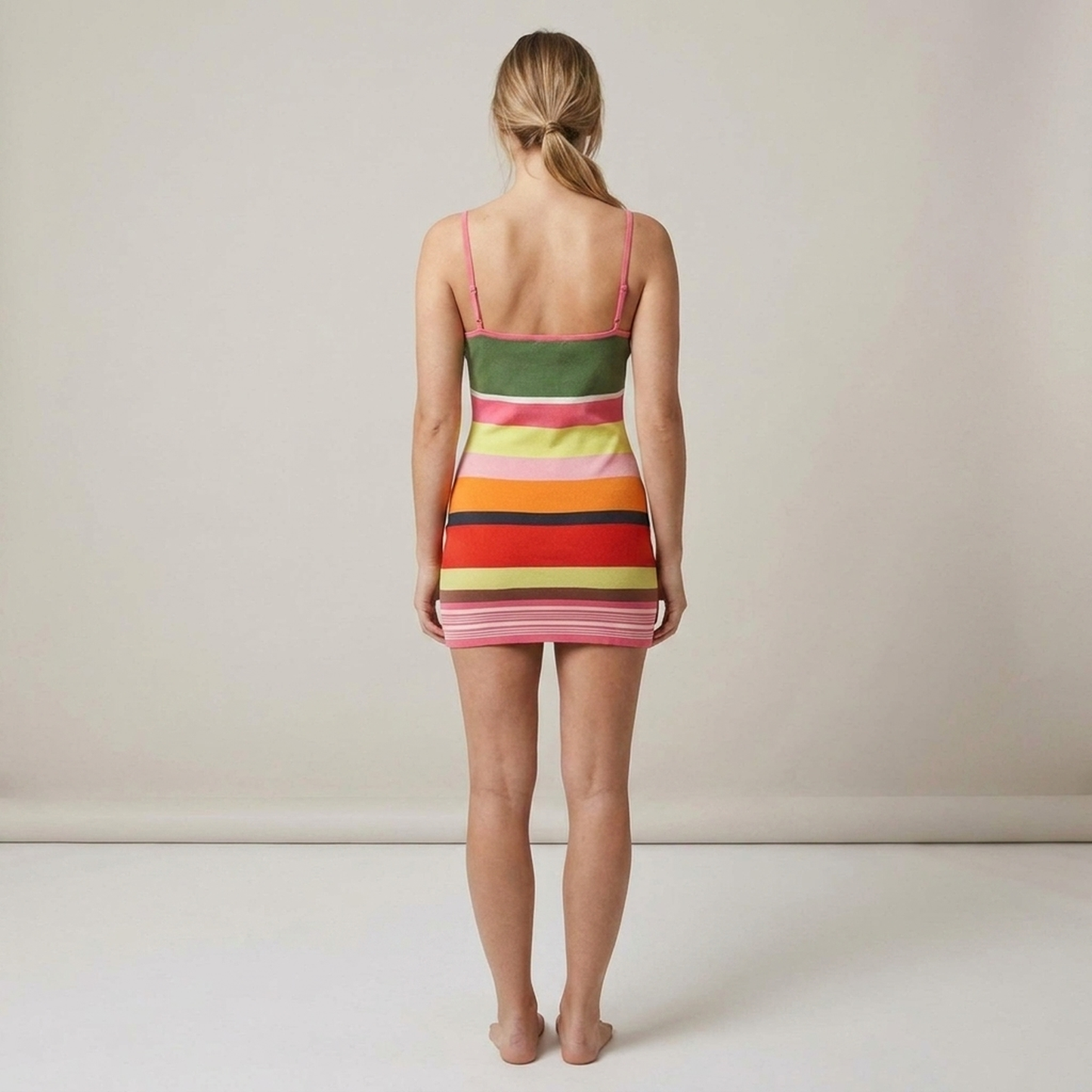 PLUXSTYLE::numise::striped-v-neck-mini-dress::back