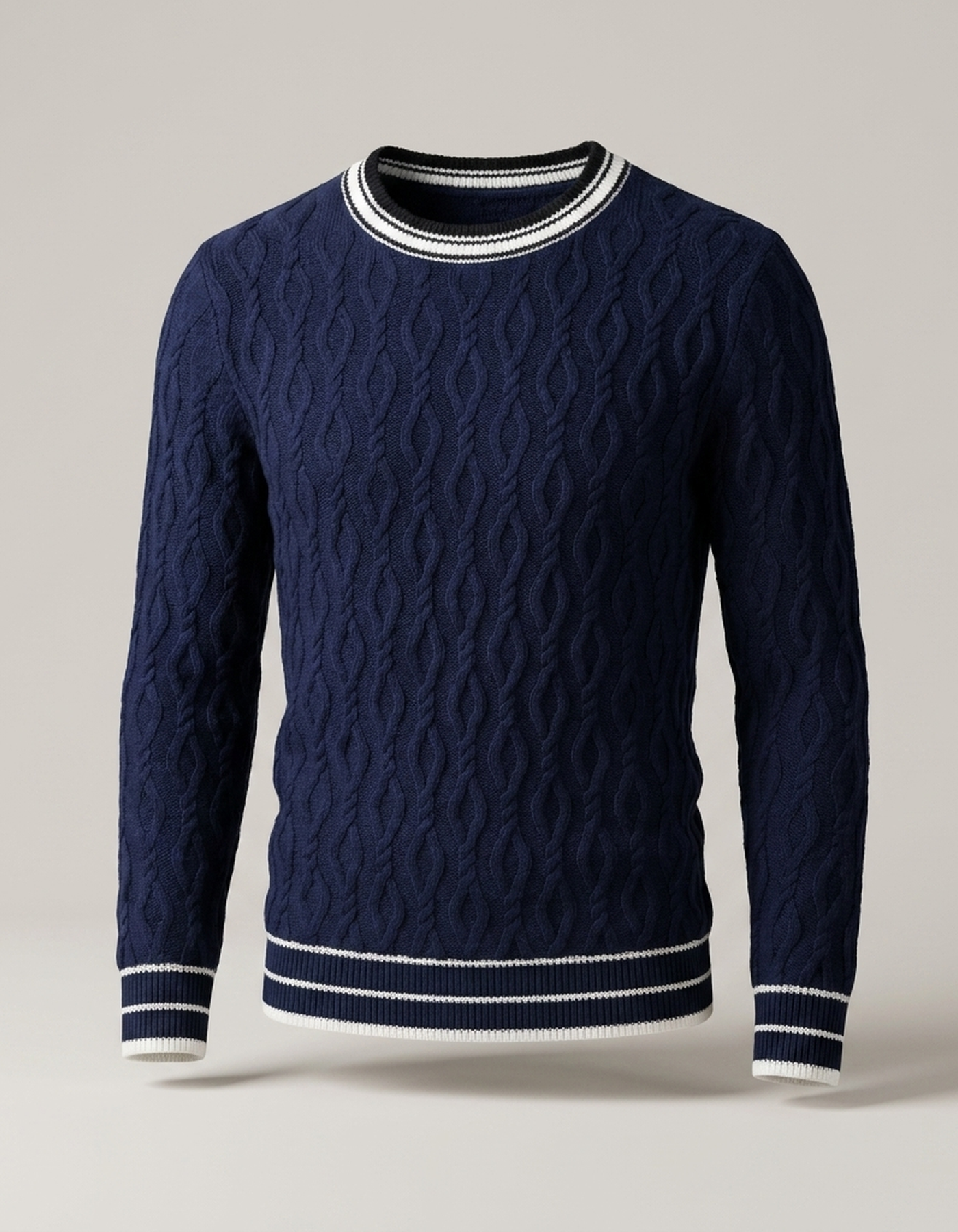 PLUXSTYLE::numise::mens-contrast-trim-cable-jumper::pack-navy-blue