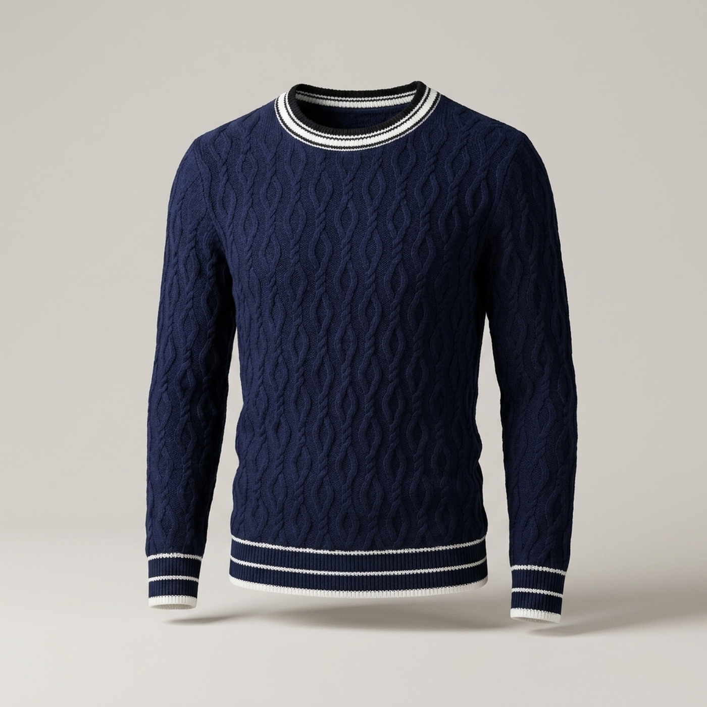 PLUXSTYLE::numise::mens-contrast-trim-cable-jumper::pack-navy-blue