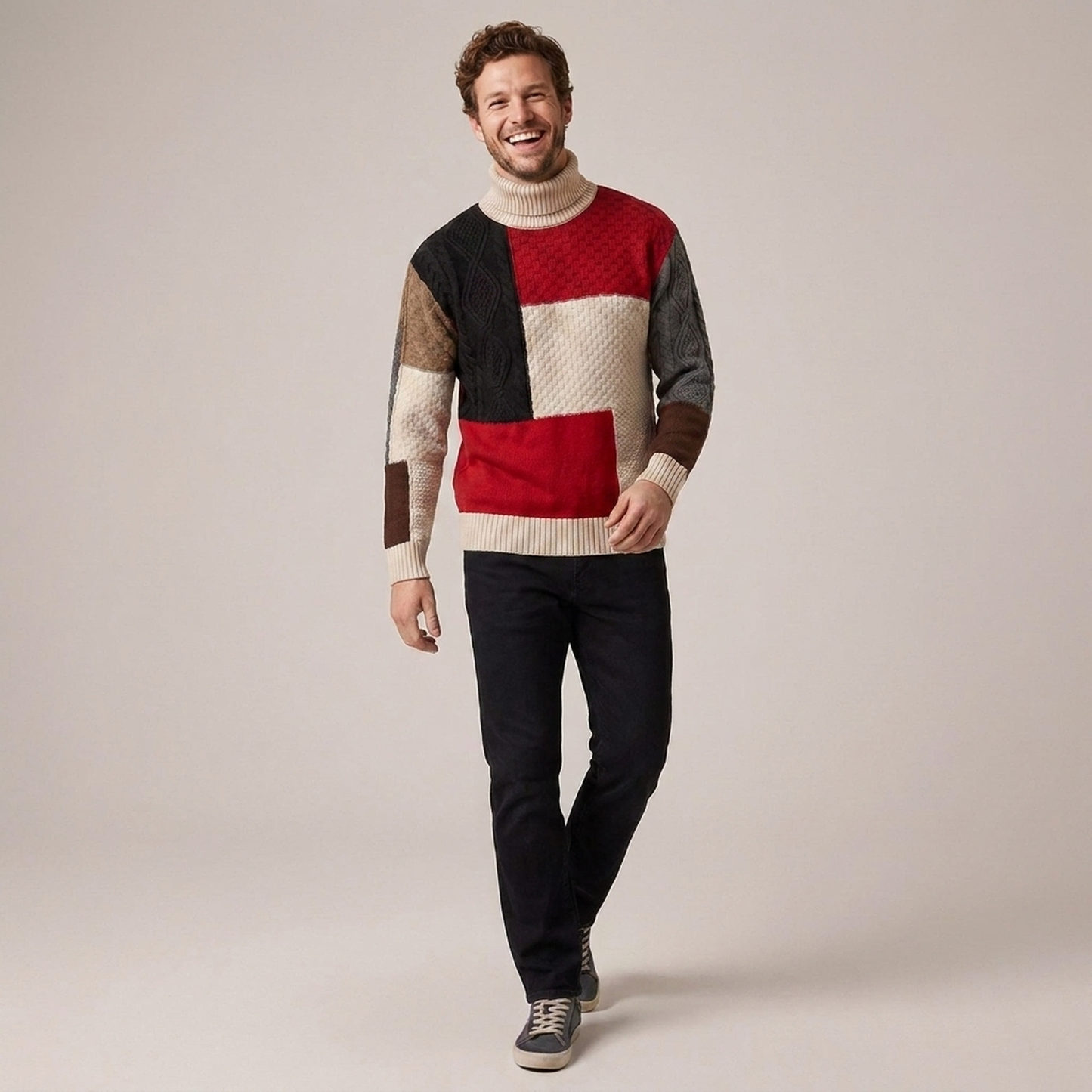 PLUXSTYLE::numise::mens-color-block-turtleneck-sweater::front