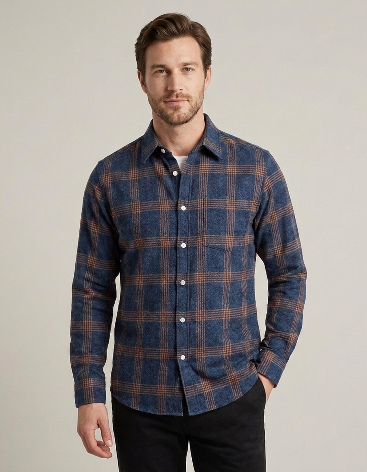 PLUXSTYLE::numise::mens-blue-plaid-button-down-top::front