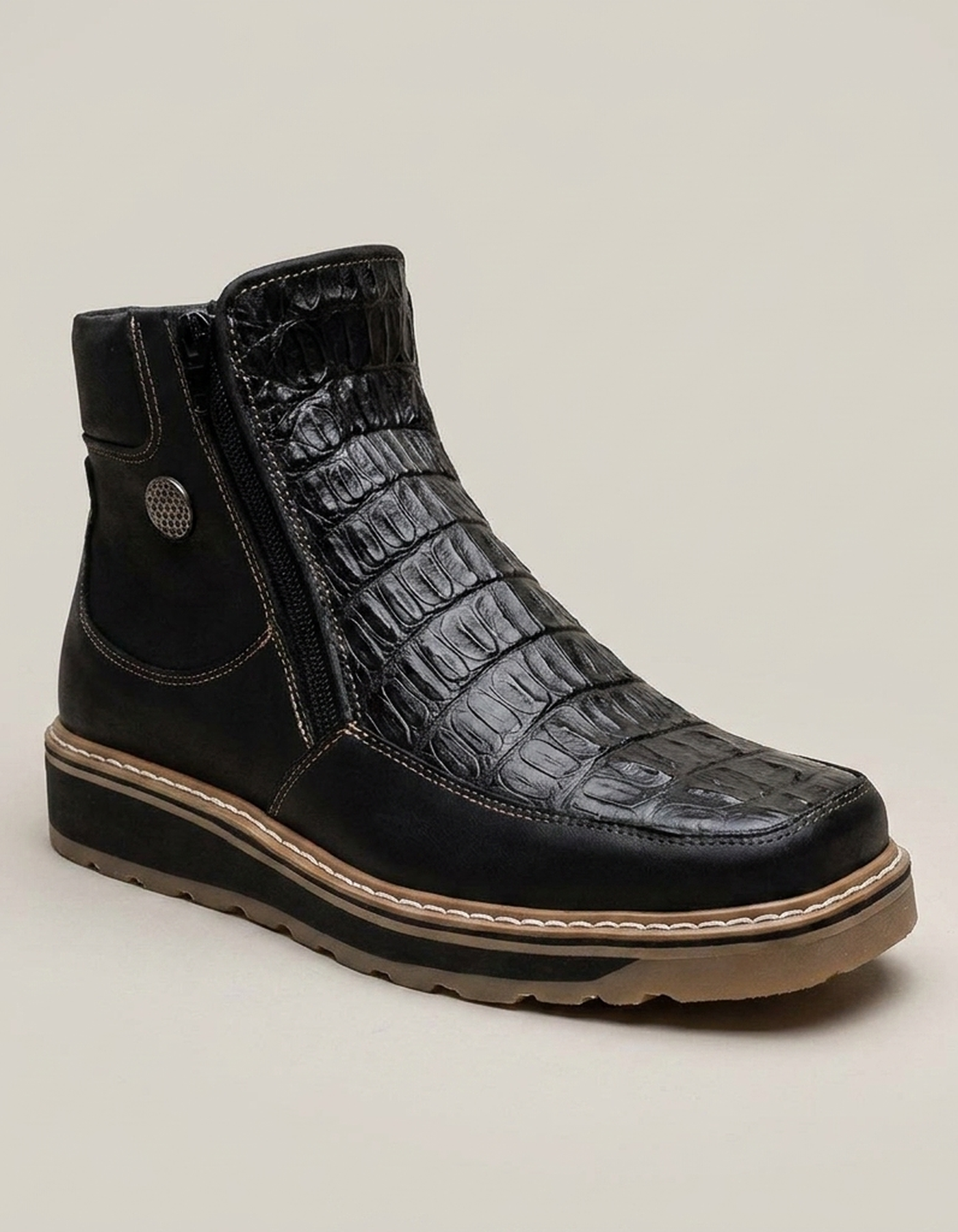 PLUXSTYLE::numise::garcia-double-zip-black-boots::closeup-hero