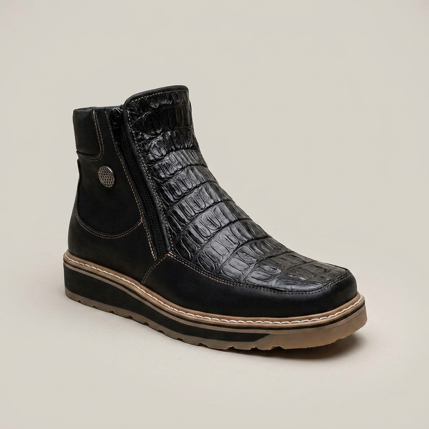 PLUXSTYLE::numise::garcia-double-zip-black-boots::closeup-hero