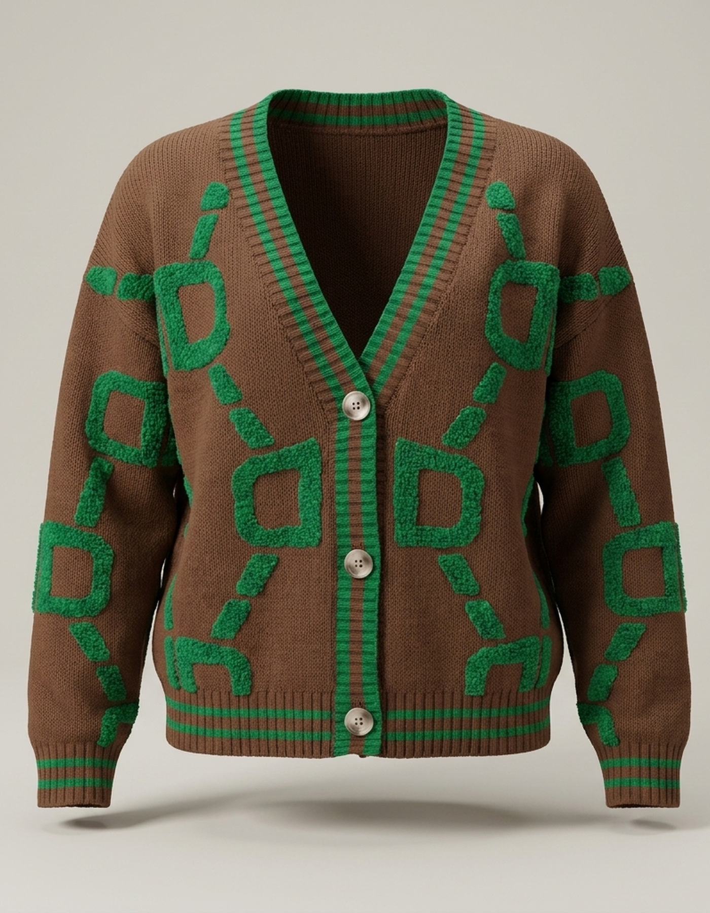PLUXSTYLE::numise::geometric-v-neck-cardigan::pack-coffee-brown