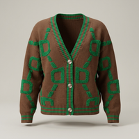 PLUXSTYLE::numise::geometric-v-neck-cardigan::pack-coffee-brown