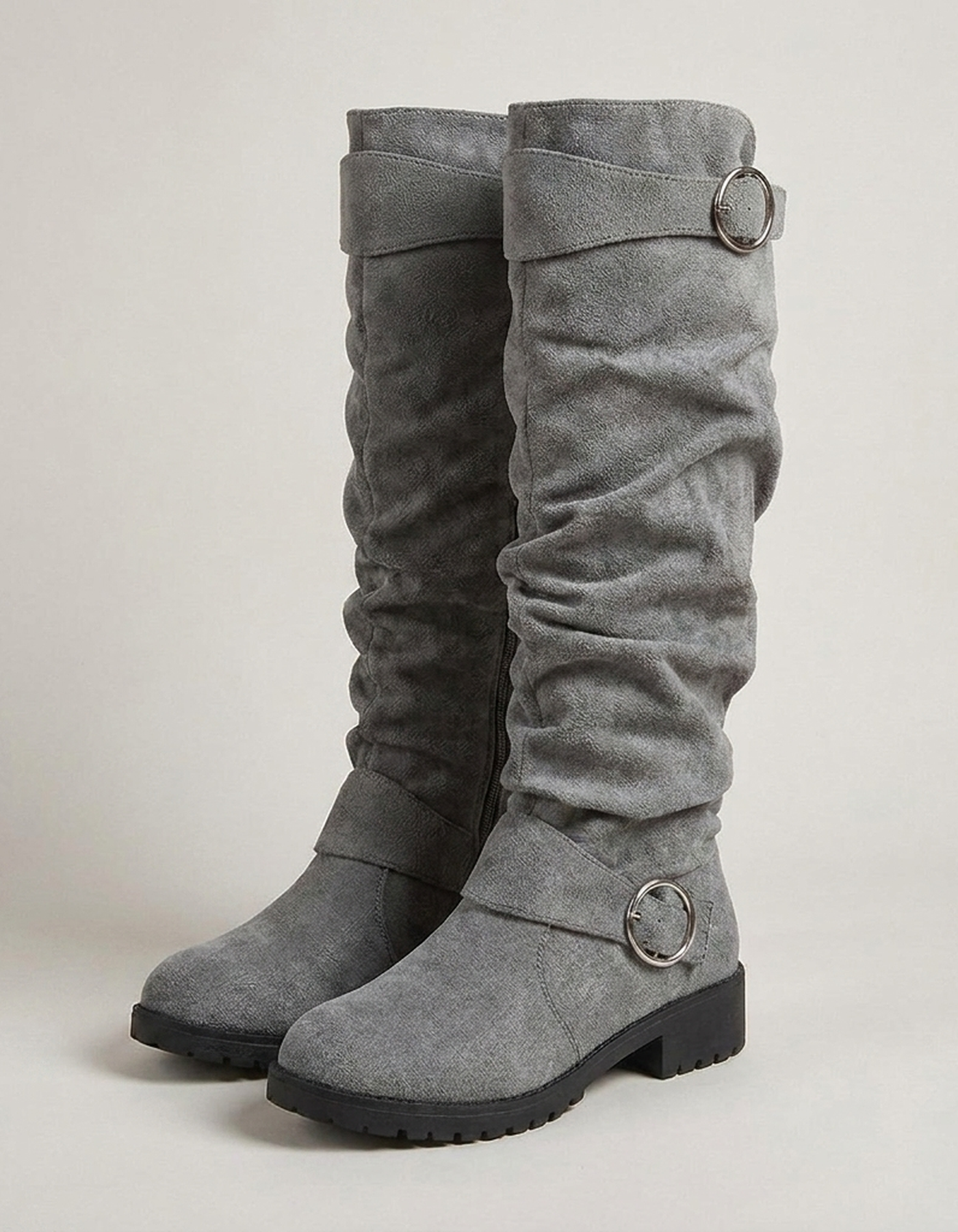 PLUXSTYLE::numise::slouchy-buckle-knee-high-boots::closeup-detail
