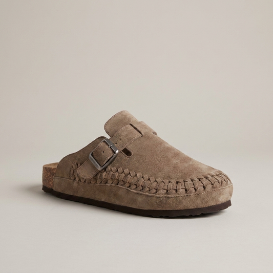 PLUXSTYLE::numise::aurelio-taupe-clog-footwear::closeup-hero