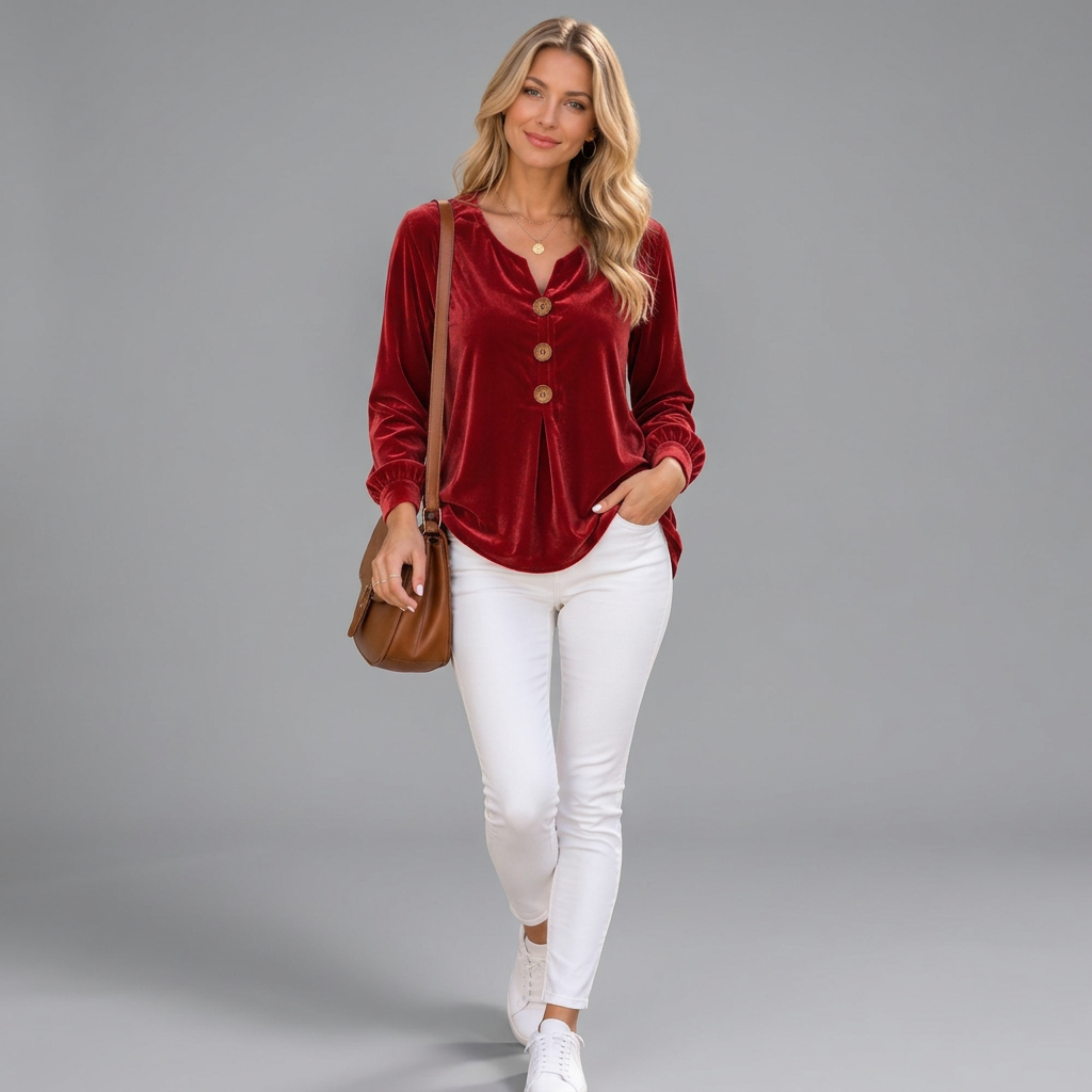 Women's Elegant V-Neck Blouse with Decorative Button Details