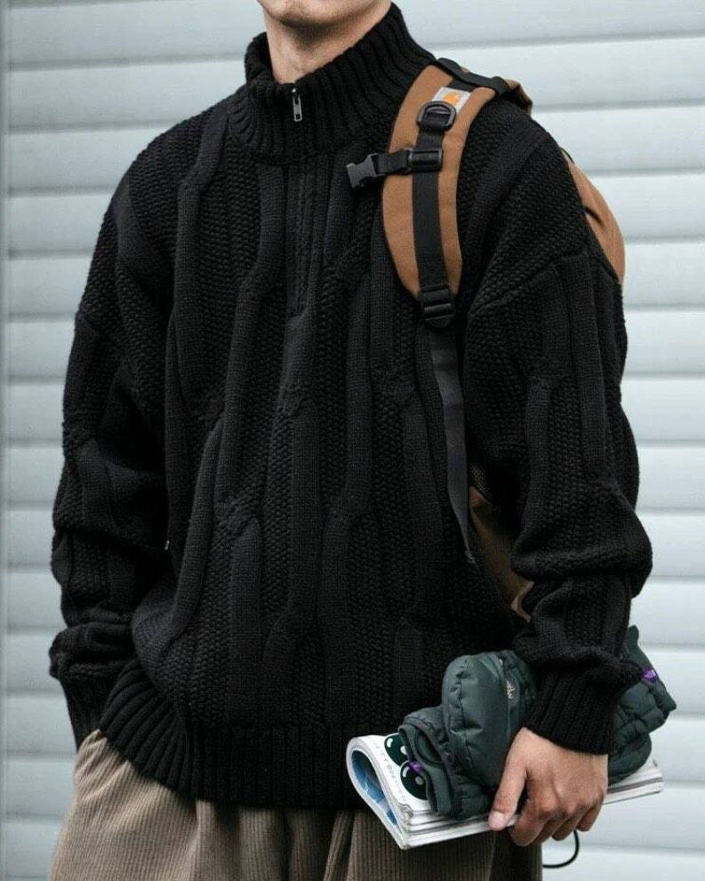 PLUXSTYLE::numise::chunky-cable-half-zip-sweater::lifestyle-keep-1