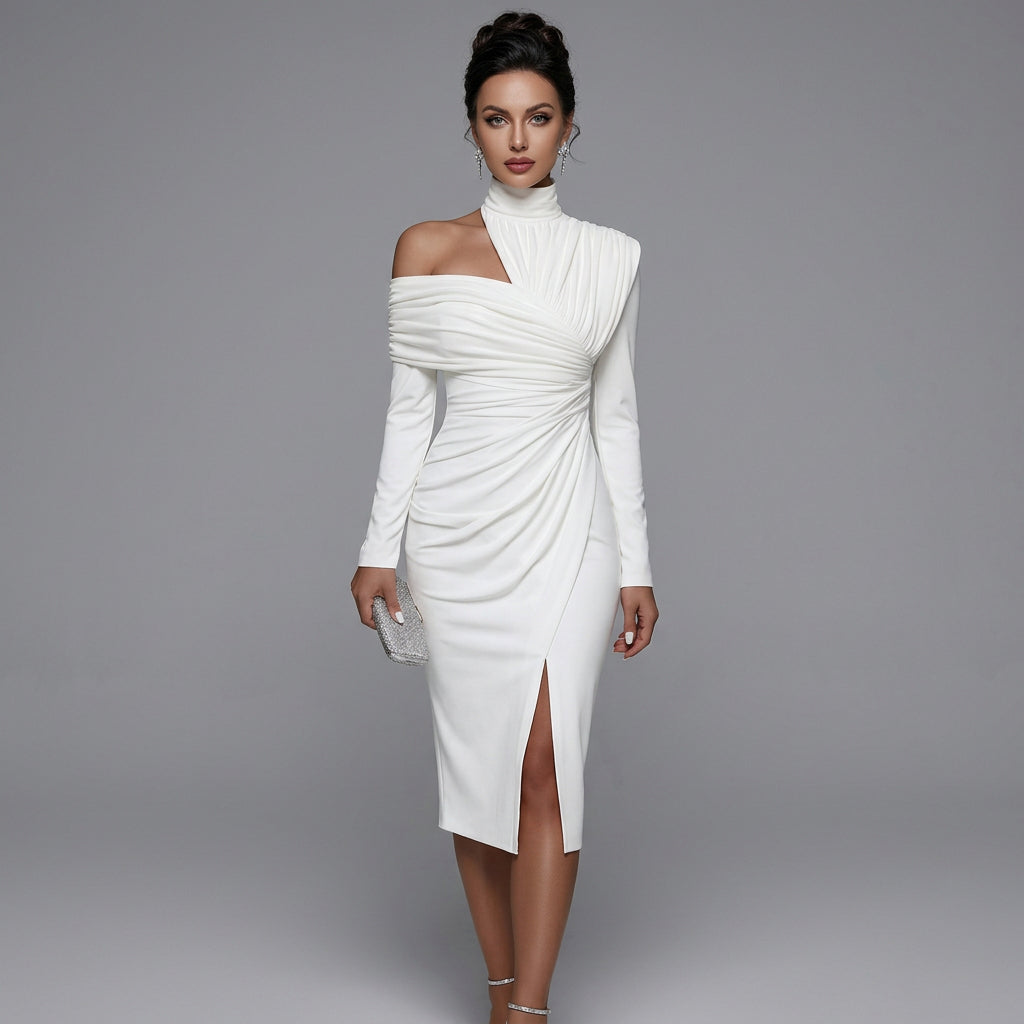 Elegant High Neck Ruched Party Midi Dress