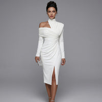 Elegant High Neck Ruched Party Midi Dress