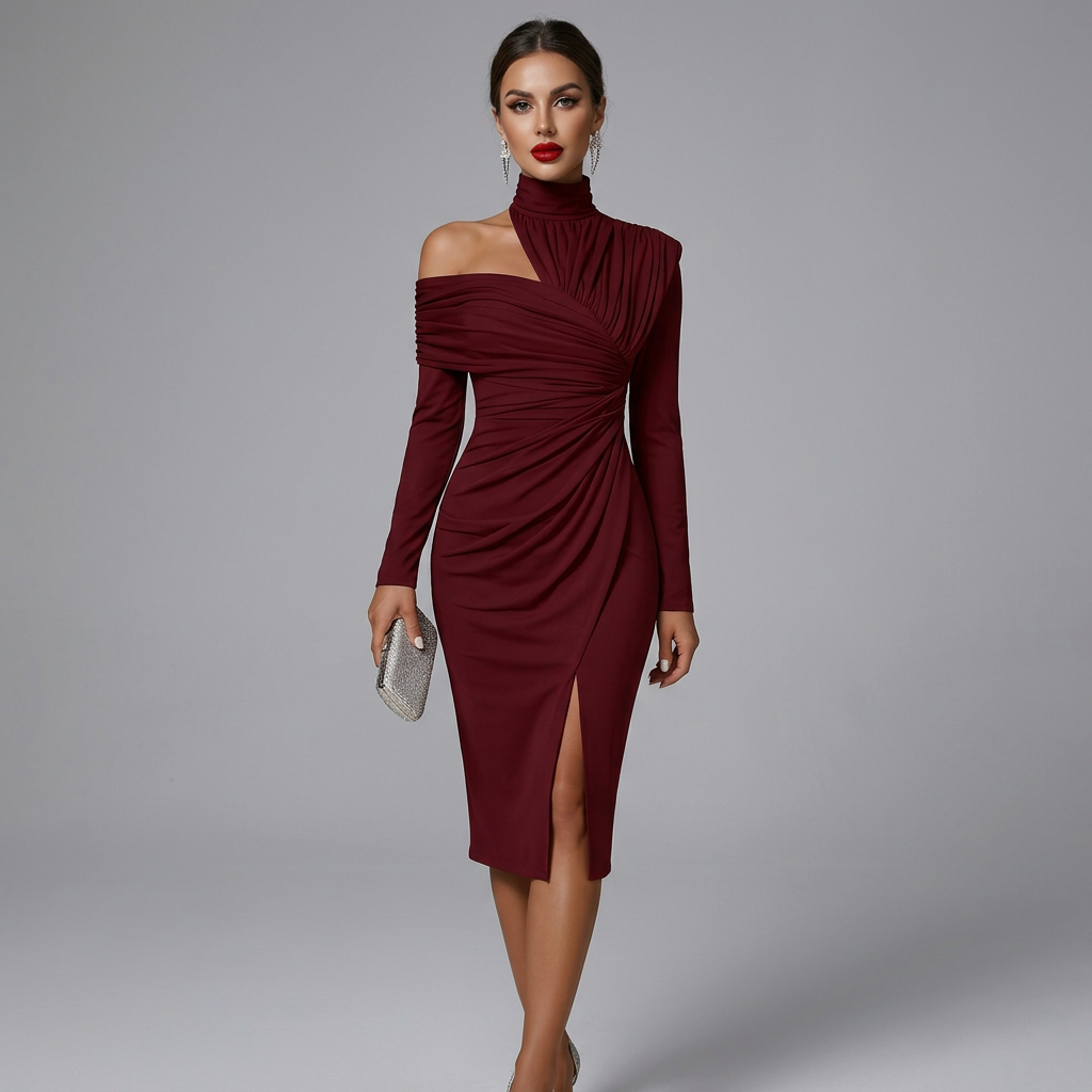 Elegant High Neck Ruched Party Midi Dress