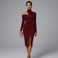 Elegant High Neck Ruched Party Midi Dress