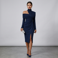 Elegant High Neck Ruched Party Midi Dress