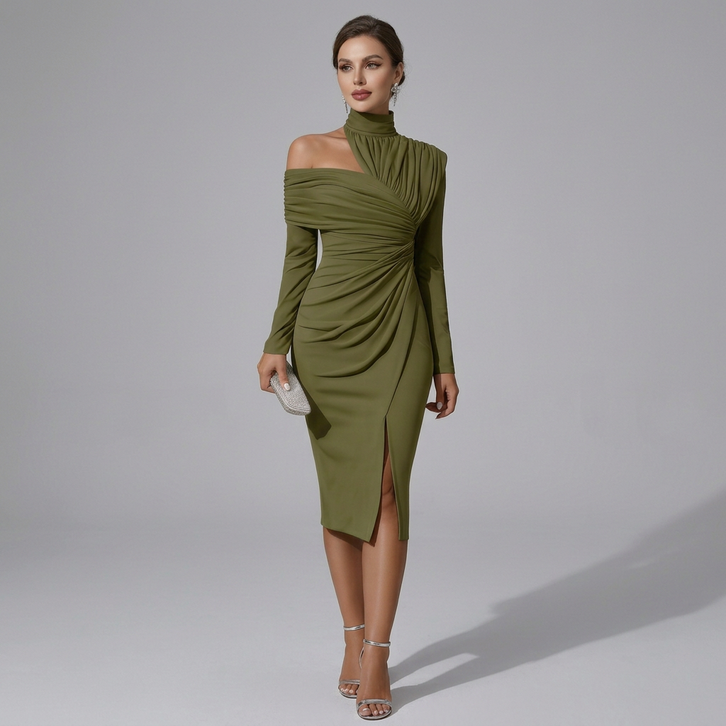 Elegant High Neck Ruched Party Midi Dress